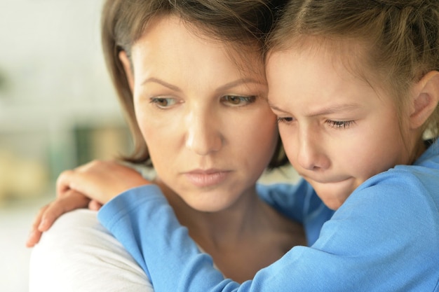 Portrait of a upset mother and daughter close up