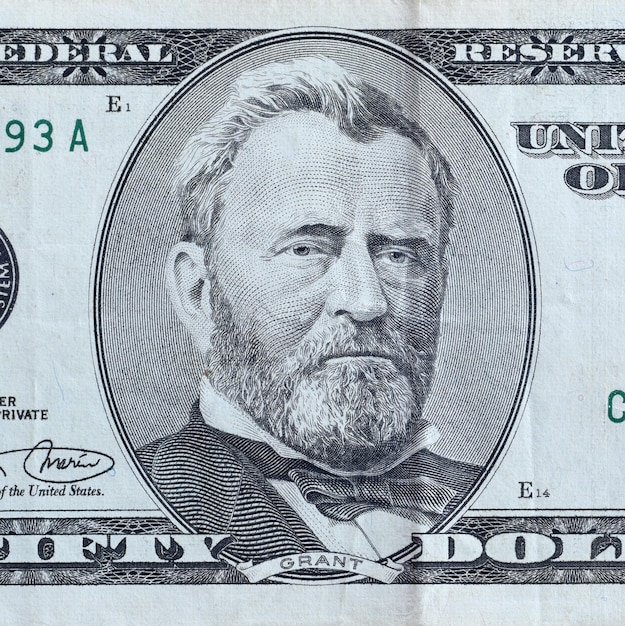 Ritratto del presidente degli stati uniti ulysses simpson grant su 50 dollari di banconote closeup frammento di macro stati uniti cinquanta dollari di fattura dei soldi