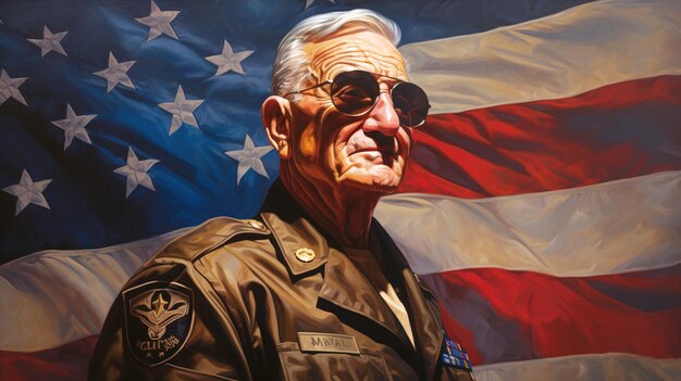 Photo portrait of us veteran with the flag of the united states on the background veterans day