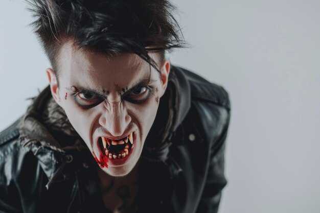 Photo portrait of a vampire with teeth on a black background