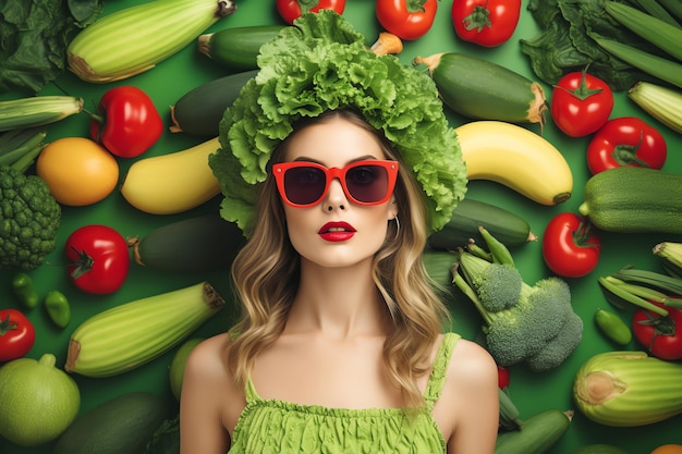 a portrait of a vegan woman cartoon dieting vegan food concept