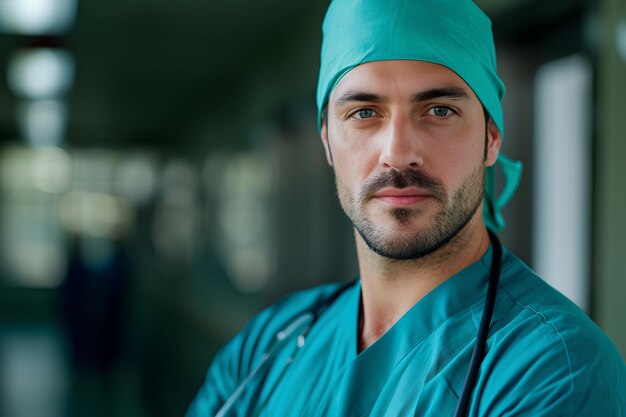 Photo portrait of versatile doctor in er and surgery roles emphasizing hospital hospitality