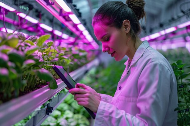 Portrait of Vertical Farm Technical Specialist Working in a Facility with Ultraviolet LED Lights Female Hydroponics Engineer Using Tablet Computer in Order to Optimize Crops Growing Potential