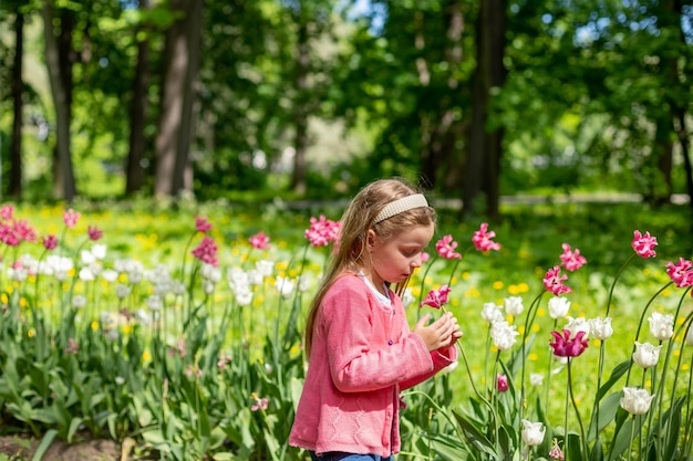 Portrait of a very cute pretty girls blonde in a pink coat around the flower bed of tulips in the ParkBeautiful child smelling flowers on tulip fields Child in tulip flower field