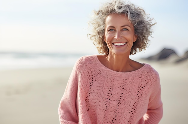 portrait of very wellgroomed older woman with curly white hair wearing a pink sweater on the beach