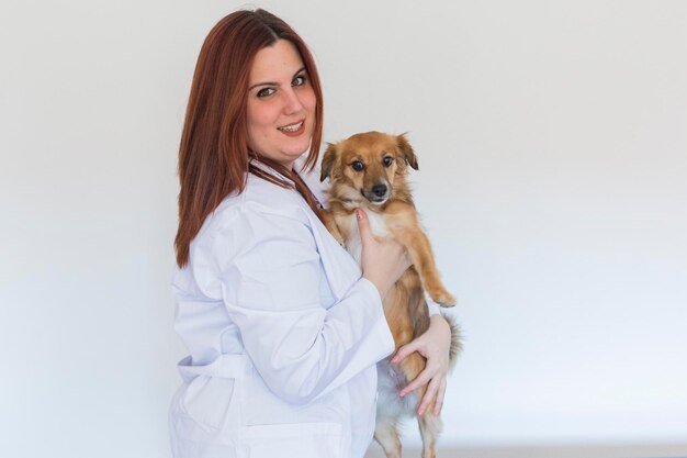 Foto ritratto di un veterinario che porta un cane in ospedale