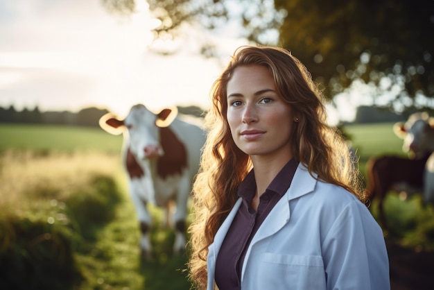 Foto ritratto di una donna veterinaria in una fattoria con le mucche che guardano la telecamera