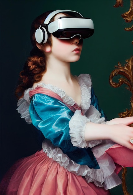 仮想ゴーグルをかぶったビクトリア時代の女の子の肖像画 昔の女の子がVRゲームをしている