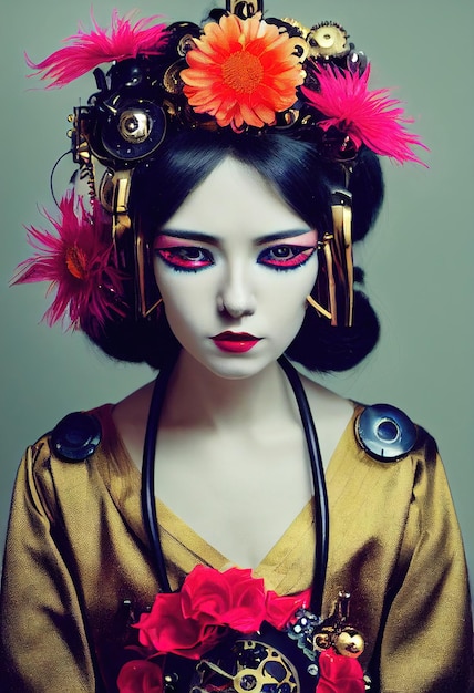 Portrait of a Victorian steampunk robot with beautiful makeup Artistic abstract steampunk fantasy