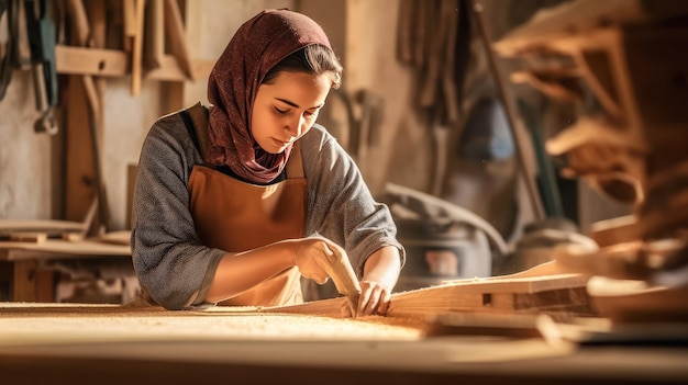 Portrait view of woman carpenter in workshop female carpenter using some power tools in the woodshop Generative Ai Technology