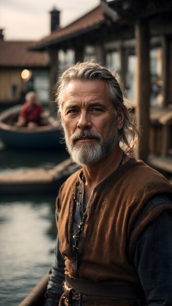 Photo portrait of a viking sitting on a boat
