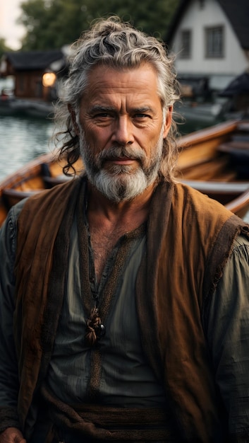 Photo portrait of a viking sitting on a boat