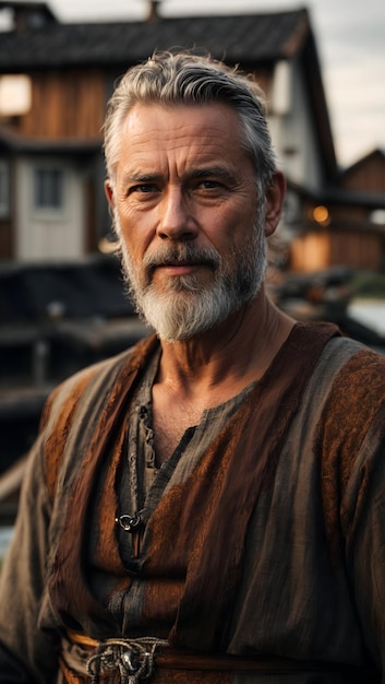 Photo portrait of a viking sitting on a boat