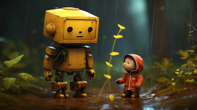 Portrait of vintage robots with real expressions standing in park on rainy day