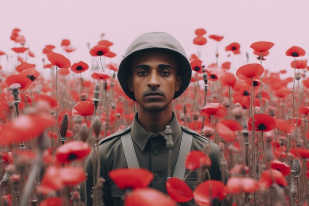 Portrait of a vintage war soldier standing in a field of red poppies remembrance day background