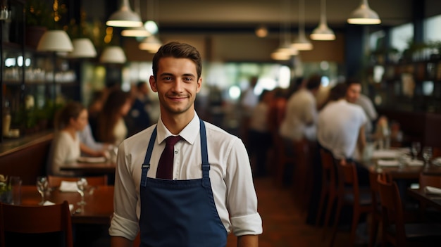 Foto ritratto di un cameriere in un ristorante affollato