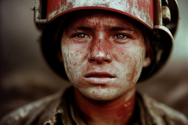 Portrait of a waitress of a young miner with dirty face