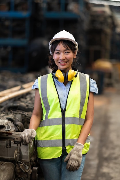 Portrait warehouse managers or worker asian woman working at large distribution warehouse of old car part