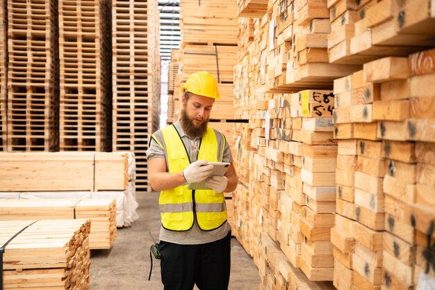 Portrait of warehouse worker checking stock of wooden pallets in storage warehouse