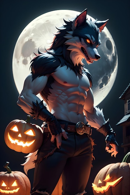 Portrait of a werewolf with a pumpkin Halloween