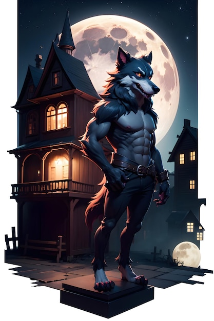 Portrait of a werewolf with a pumpkin Halloween