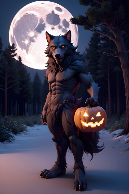 Portrait of a werewolf with a pumpkin Halloween