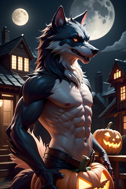 Portrait of a werewolf with a pumpkin Halloween