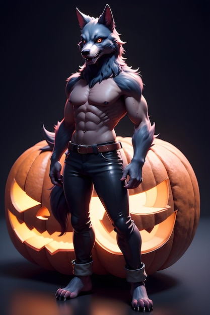 Portrait of a werewolf with a pumpkin Halloween