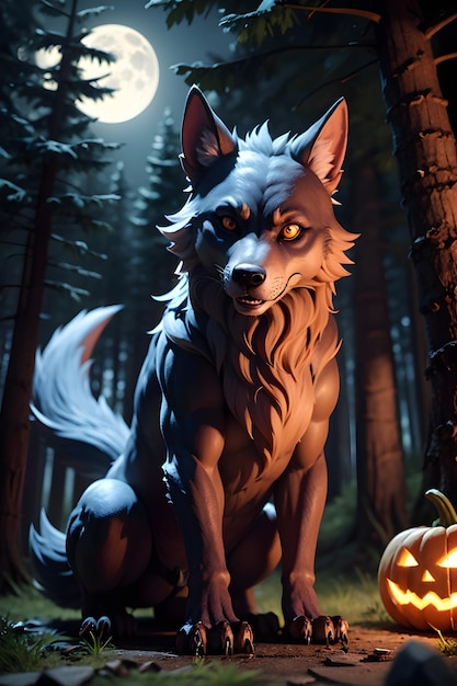 Portrait of a werewolf with a pumpkin Halloween