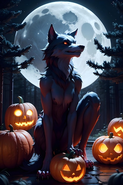 Portrait of a werewolf with a pumpkin Halloween