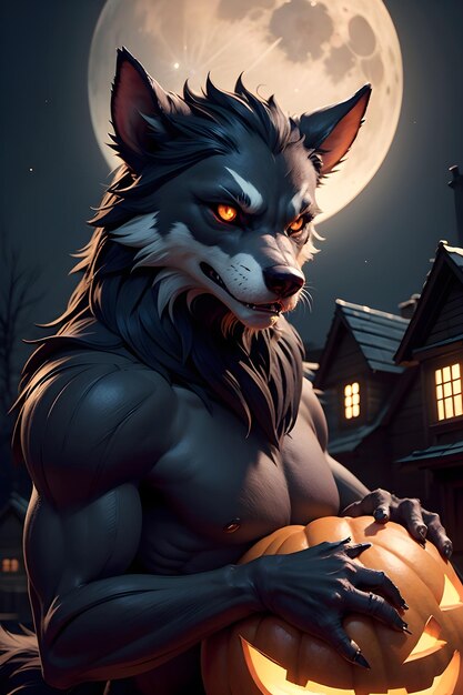 Portrait of a werewolf with a pumpkin halloween