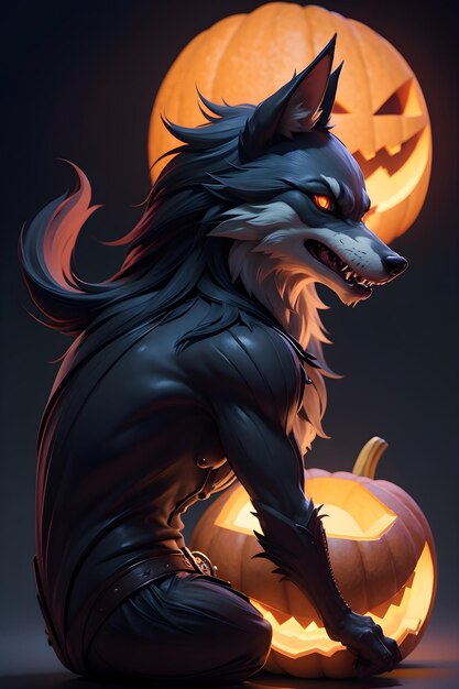 Portrait of a werewolf with a pumpkin Halloween