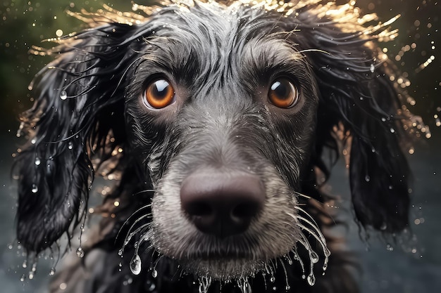 黒い背景に濡れた犬のクローズ アップの肖像画