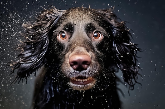 Portrait of a wet dog closeup on a black background