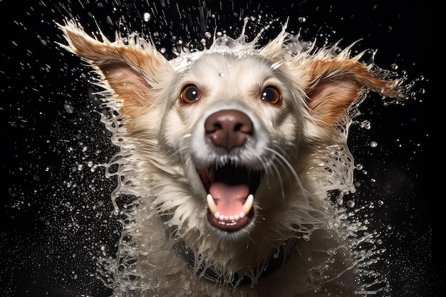 Portrait of a wet dog closeup on a black background