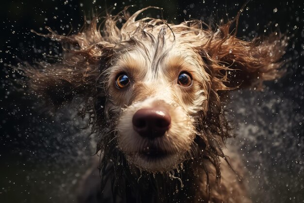 Portrait of a wet dog closeup on a black background