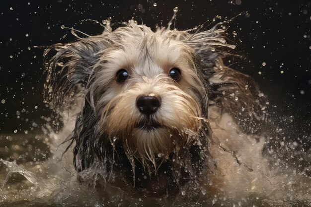 黒い背景の湿った犬のクローズアップの肖像画