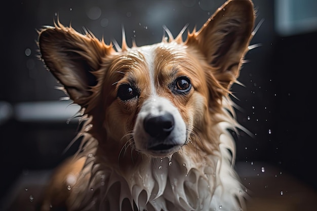 Portrait of a wet Welsh Corgi Pembroke AI Generated