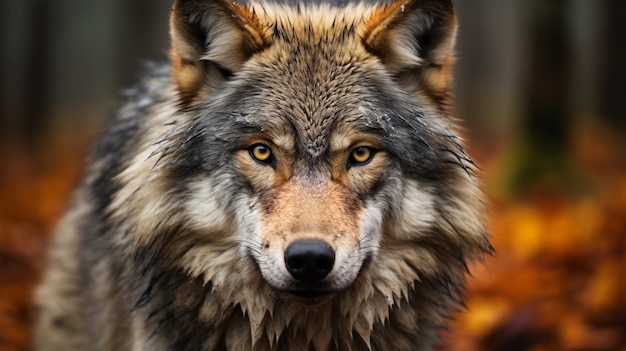 Portrait of a wet wolf staring at the camera with an intense gaze