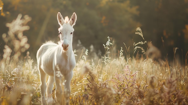 Photo portrait of white albino donkey in the field front view