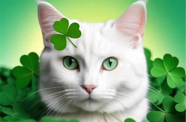 portrait of a white cat nestled among clover leaves for St Patricks Day celebrations