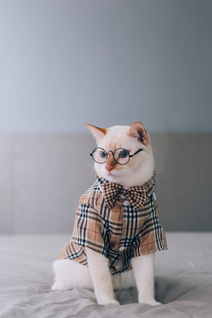 Portrait of White Cat wearing glasses, pet fashion concept. White cat lying on bed.