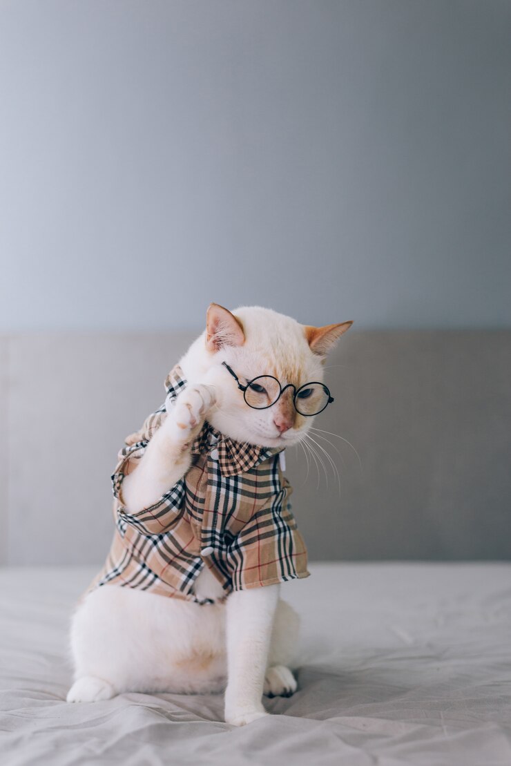 Portrait of White Cat wearing glasses, pet fashion concept. White cat lying on bed.