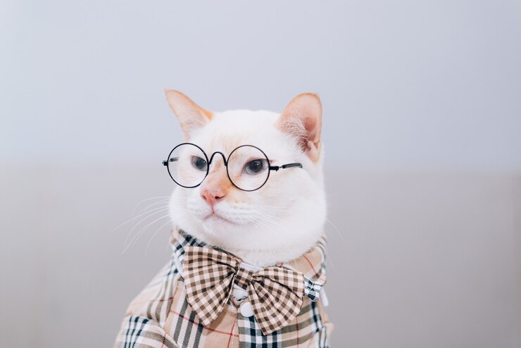 Portrait of White Cat wearing glasses