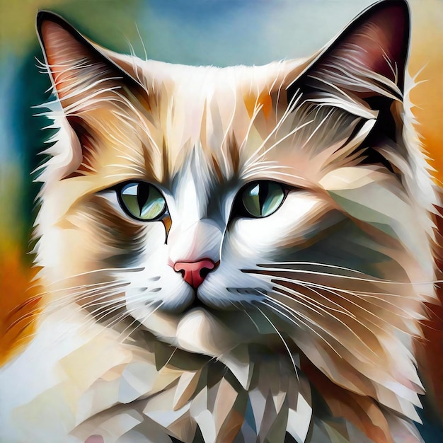 Photo portrait of a white cat with green eyes digital painting