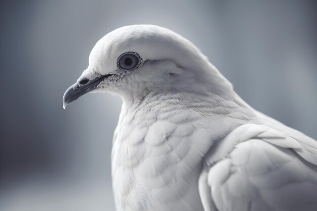 Photo portrait of a white dove on the background of the winter landscape