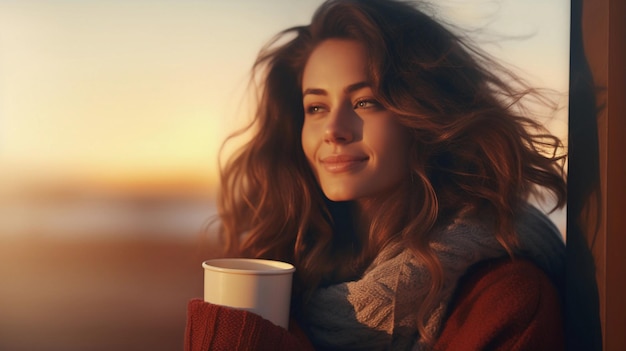 Портрет белой женщины, держащей чашку горячего кофе на фоне утреннего восхода солнца