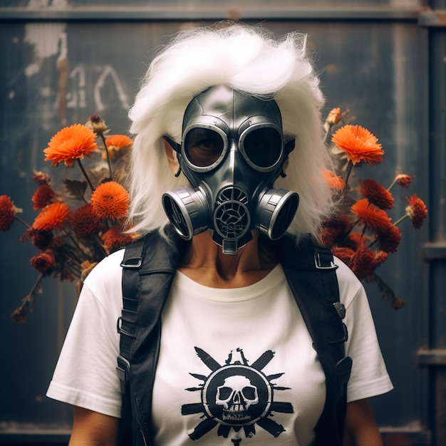 Photo a portrait of a white haired woman wearing a gas mask