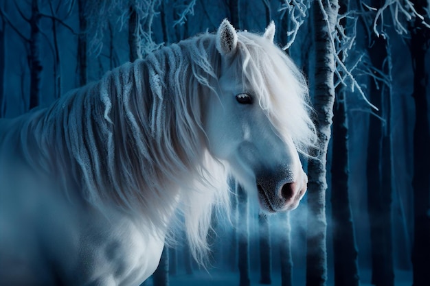 Portrait of a white horse on a frosty moonlit night in the forest