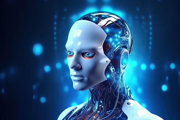 Portrait of a white humanoid robot witha blue background